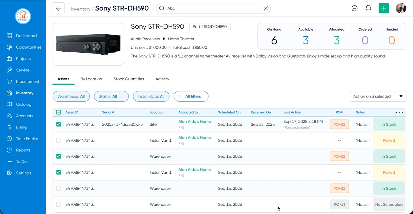 Real-time equipment asset tracking, serial numbers, stock quantities, and PO statuses in D-Tools Cloud