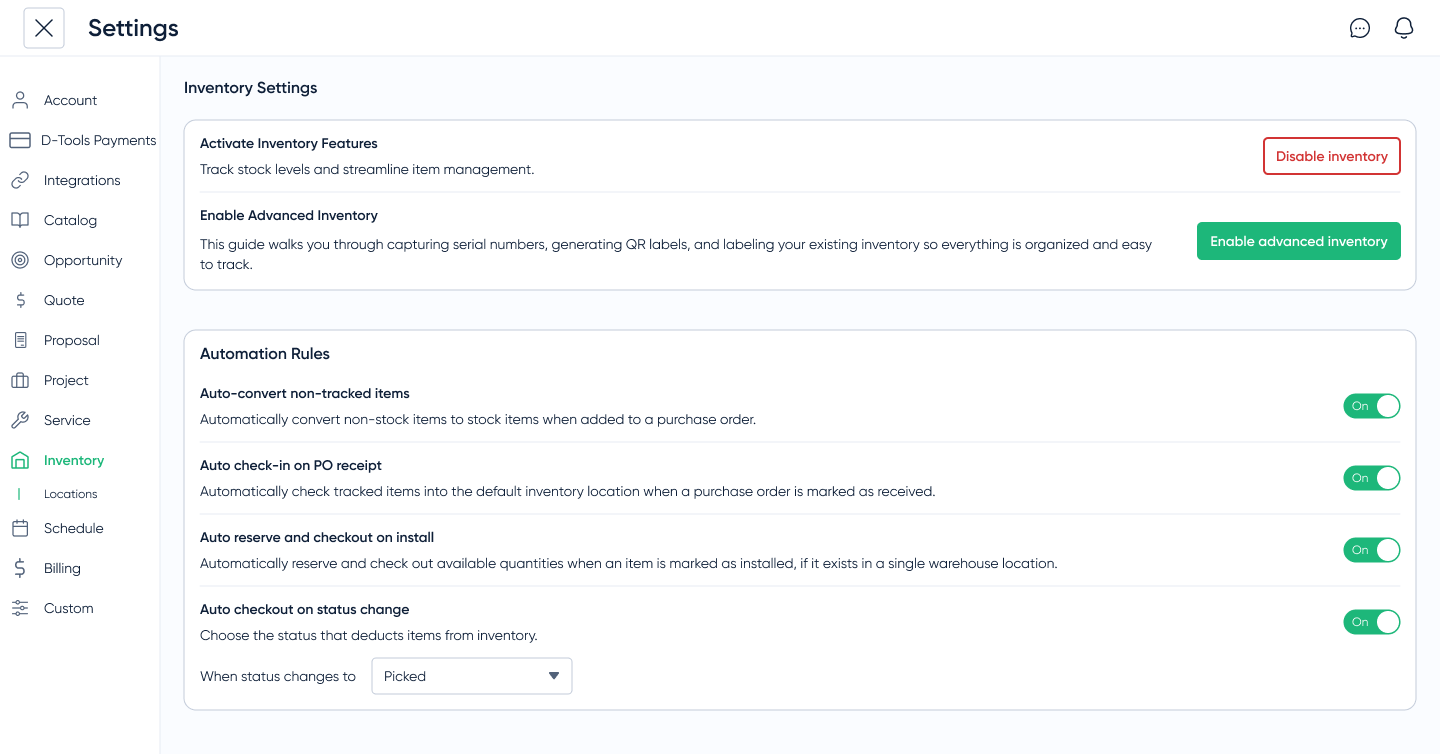 Inventory settings for alerts, thresholds, and automation rules