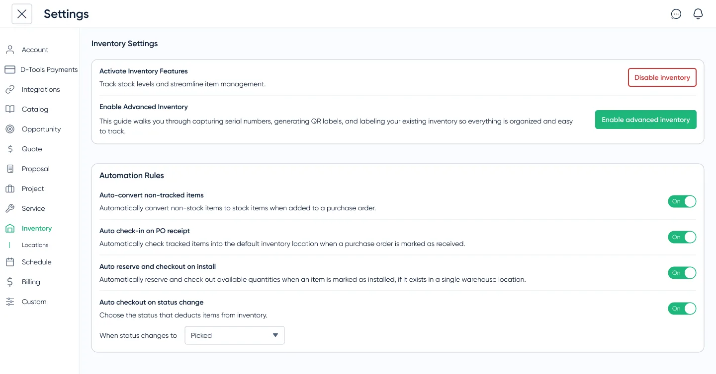 Inventory settings for alerts, thresholds, and automation rules