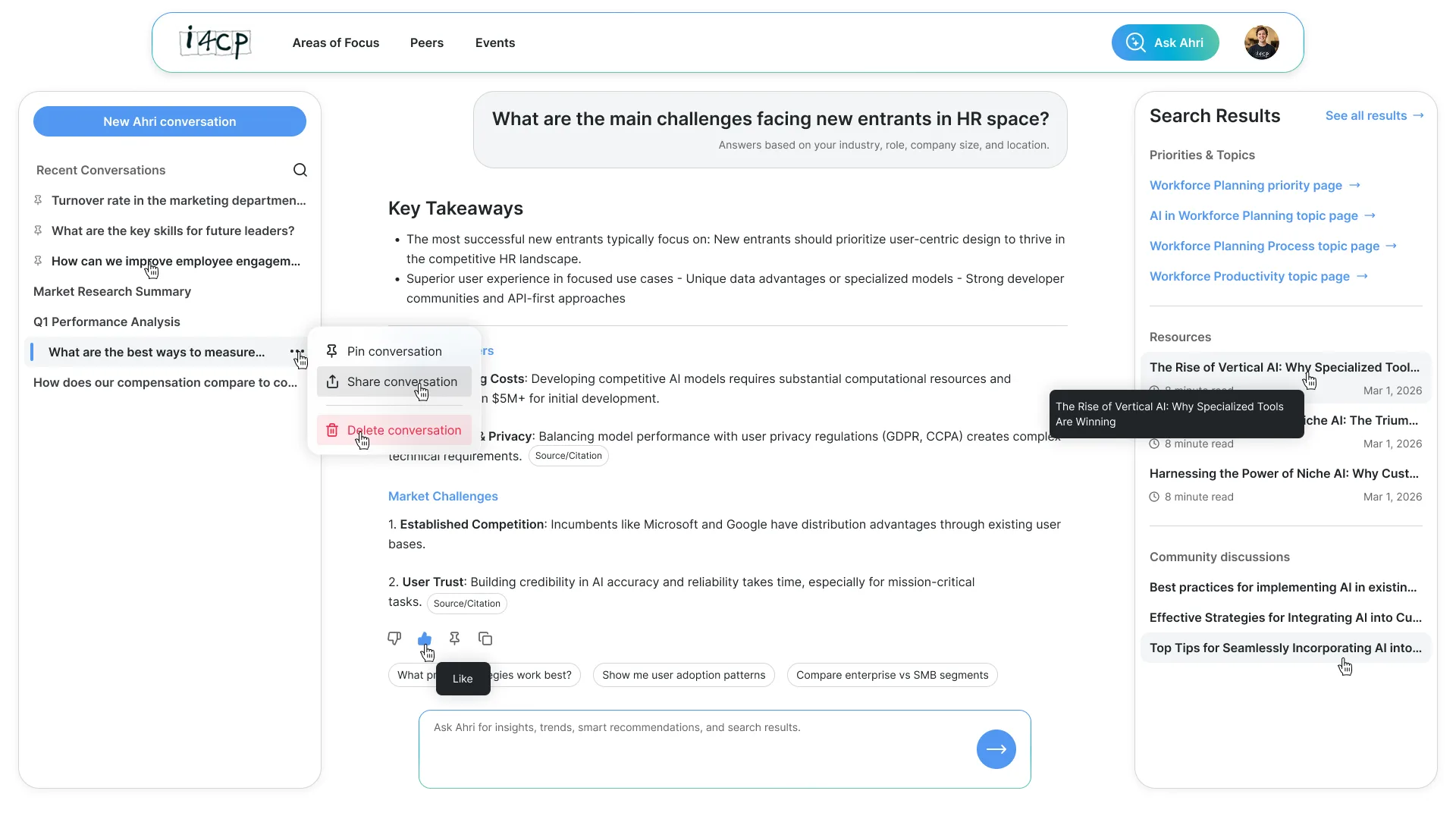 i4cp Member Portal AI conversational search redesign showing grounded takeaways, citations, and conversation history